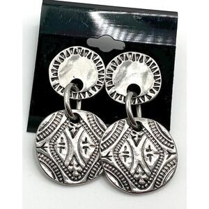 Silver Tone 2 Inch Disc Drop Earrings Tribal Pattern Women